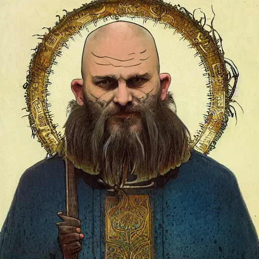 Prompt: portrait of bald, middle-aged Slavic Viking priest wearing thick fur collar and vestments, and standing tall in the blizzard, with fading blue woad tattoos on forehead, head, and cheeks, portrait by Anato Finnstark, Alphonse Mucha, and Greg Rutkowski