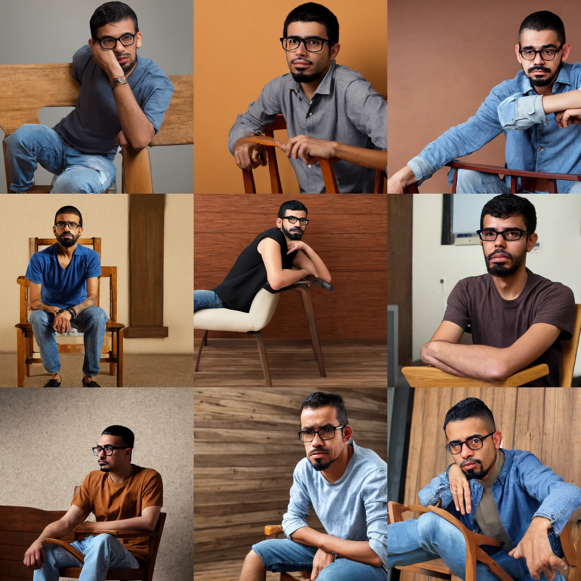 Prompt: 3 / 4 view portrait of a latino skinny young man, brown skin, wavy short hair, goatee, wearing glasses, straight nose, seated on wooden chair, close up, light brown background, in the style of gta v