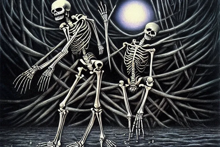 Image similar to highly detailed fine painting Macabre Dancing skeletons eerie moonlit under water under water scene fantasy digital art by H.R. Giger deviantart