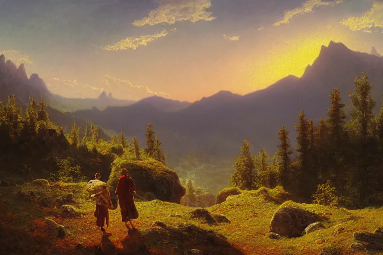 Image similar to a traveler wandering trough the mountains looking at the clouds, hyperdetailed, focused, oil painting, cinematic lighting, albert bierstadt, trending on artstation, colorful, canvas, sunset, hans dahl, theodor kittelsen, hermann hendrich, national geographic, Konstantin Yakovlevich Kryzhitsky, beautiful nature