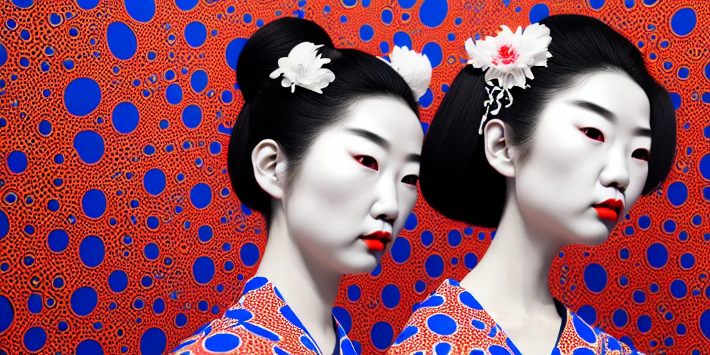 Image similar to hyperrealistic detailed image of a geisha in a art installation room, hd smooth interior by yayoi kusama, part by kei mieno, part by ross tran, dark art by james jean, ultra realistic, highly detailed, life like face, detailed body, 8 k, 3 d render by roger magrini, masterpiece