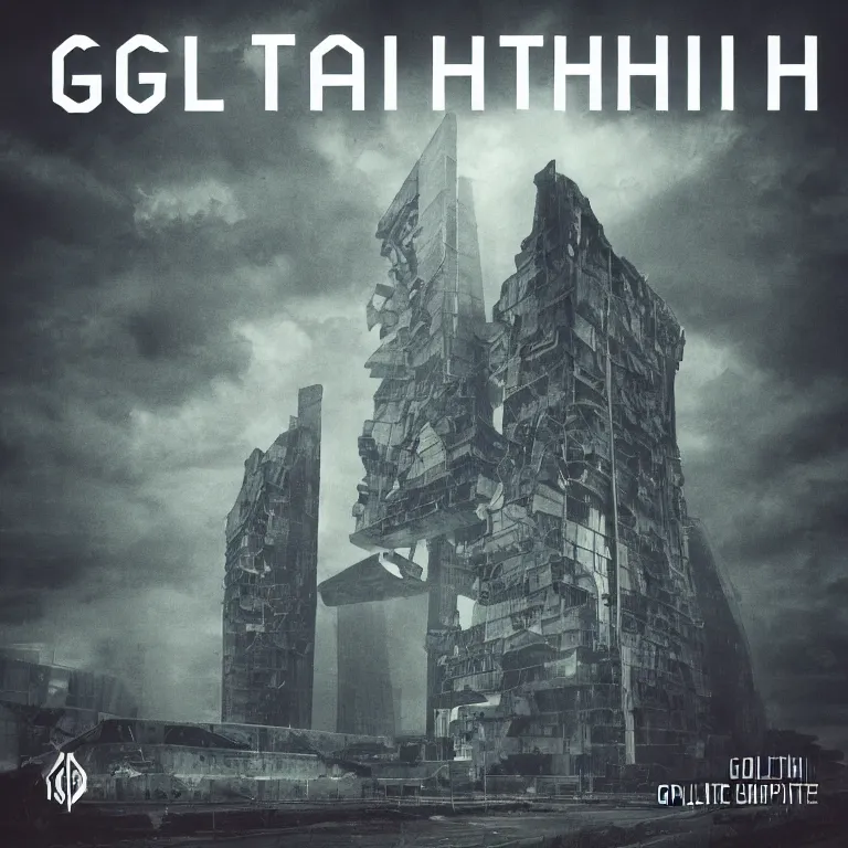 Prompt: album cover for goliath complex. futuristic. looming. brutalist structures.