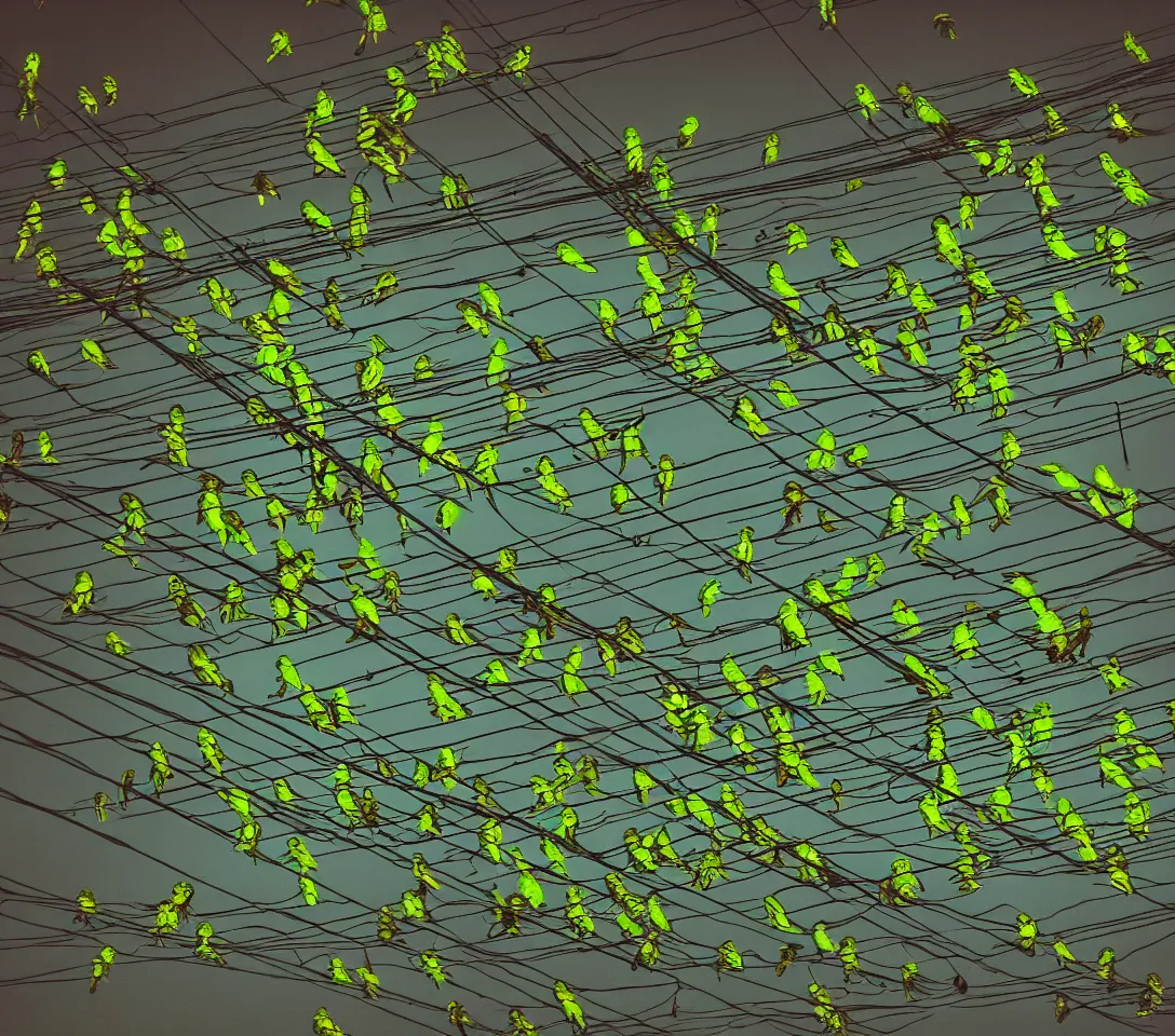 Prompt: a 3 5 mm photography of a lot of green parrots on the power lines glowing and reflecting green light from the flash of the camera at night