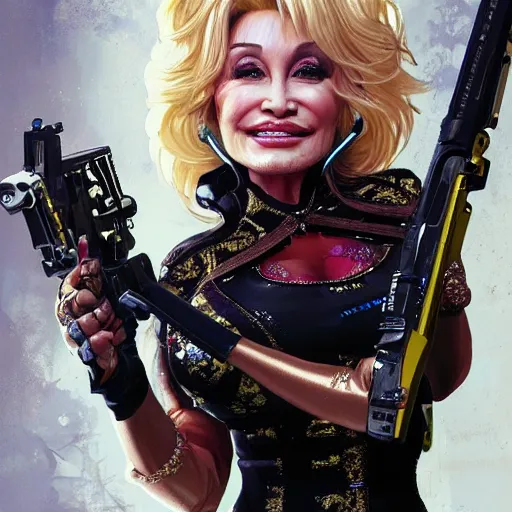 Prompt: closeup of Dolly Parton holding a pimp shotgun, cyberpunk 2077 setting, intricate, elegant, highly detailed, digital painting, artstation, concept art, matte, sharp focus, illustration, hearthstone, art by Artgerm and Greg Rutkowski and Alphonse Mucha