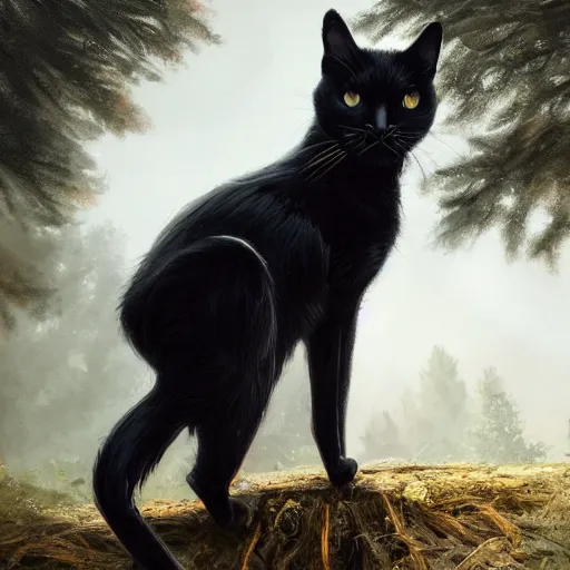 Image similar to a black cat looking curiously, there is a forest in the background, texture, intricate, details, highly detailed, greg rutkowski style, masterpiece, architecture, building, trending on artstation, focus, sharp focus, concept art, digital painting, fantasy, sunny, day, golden hour