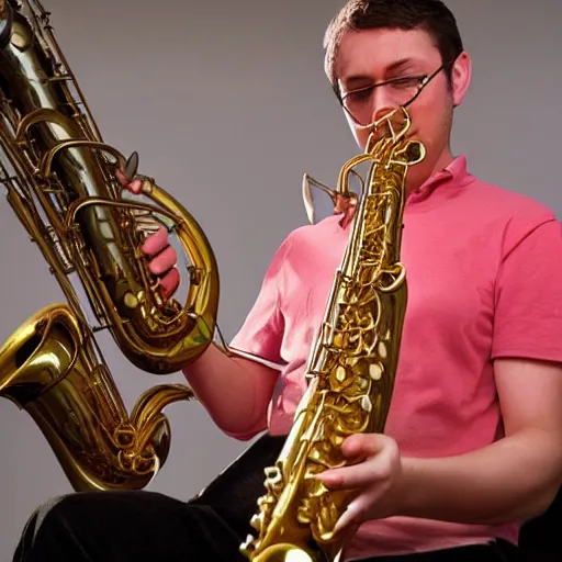 Prompt: a man playing three saxophones at the same time