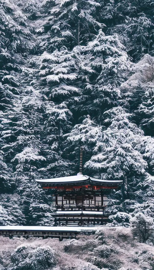 Prompt: a shinto shrine atop a mountain,snowy,beautiful,nature,distant shot,isometric