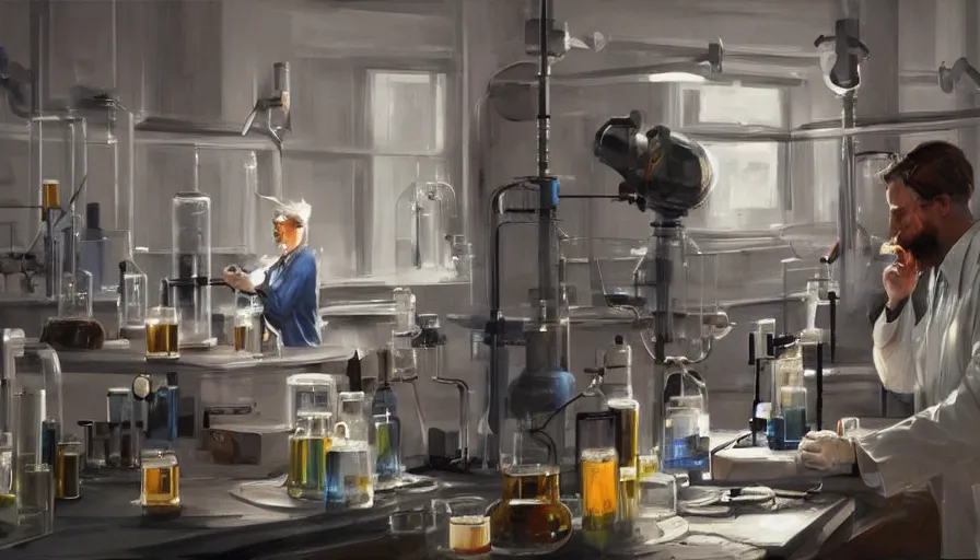 Image similar to concept art of scientist in laboratory, cinematic shot, oil painting by jama jurabaev, extremely detailed, brush hard, artstation, high quality, brush stroke