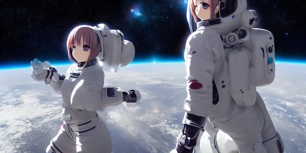 Image similar to High resolution photo of an anime girl in a spacesuit in awe at the beauty of the universe, 4k/8k, Cinematic Movie Photograph, Cinematic Lighting