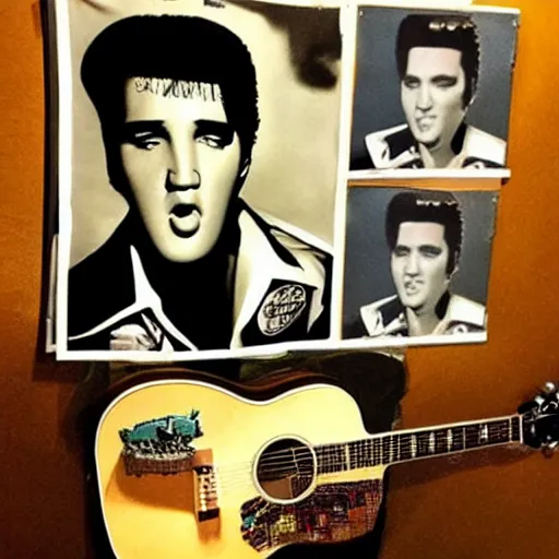 Image similar to elvis presley with the face of nicolas cage playing the guitar, poker table next to him