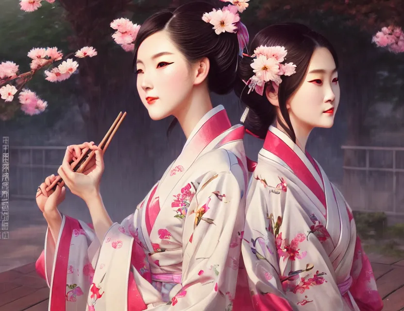 Image similar to two beautiful fashion taiwan girl wear elegant yukata in festival | | big eyes, summer night, realistic shaded, smile, good looking, fine details, 4 k realistic, cryengine, realistic shaded lighting poster by greg rutkowski, magali villeneuve, artgerm, jeremy lipkin and michael garmash and rob rey