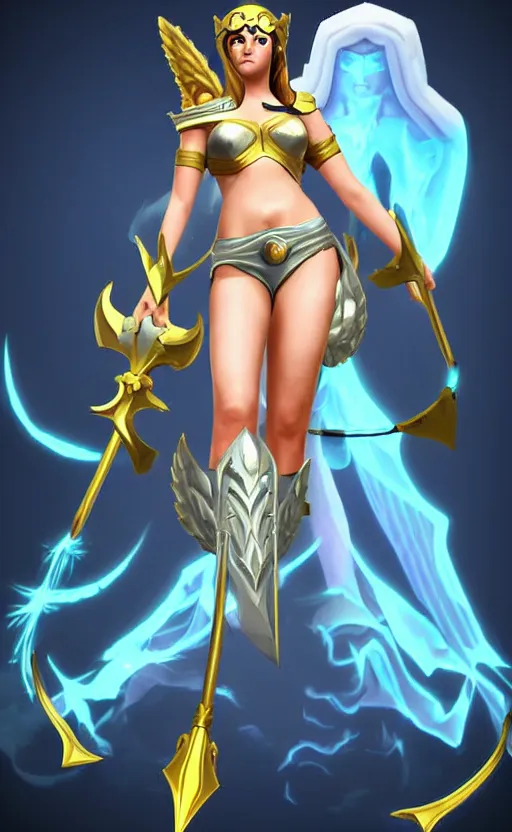 Image similar to athena greek god as a character in the game league of legends, with a background based on the game league of legends, detailed face, old 3 d graphics