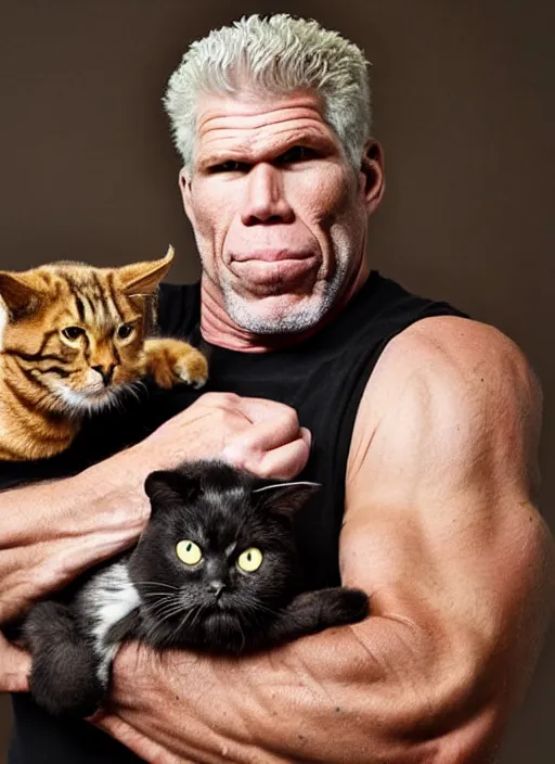 Prompt: photo portrait of super muscular frowning Ron Perlman holding a cat