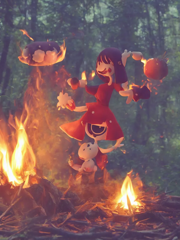 Image similar to cute fumo plush manic happy pyromaniac girl giddily starting a fire in the forest, campfire flames burning, warm glow and volumetric smoke vortices, rule of thirds composition, vignette, vray