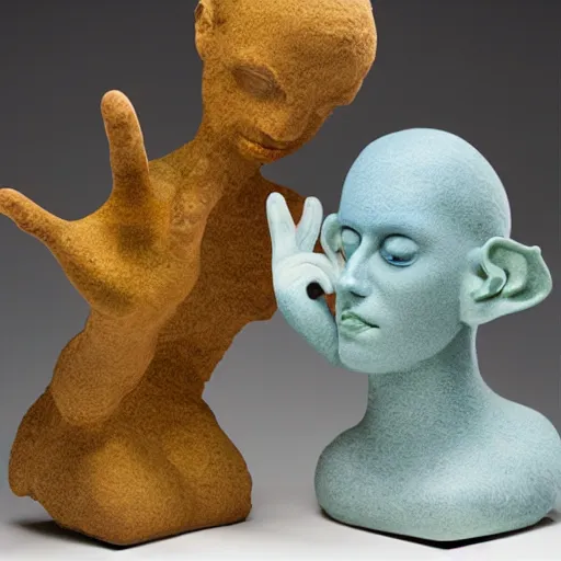 Image similar to ceramic sculptures, soft 3 d render, diffused lighting, two aliens meeting for the first time, touching fingertips, artwork by shary boyle