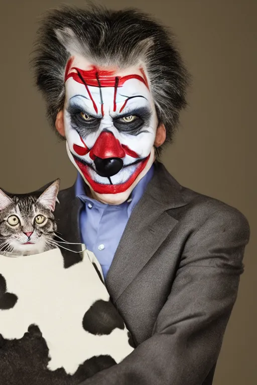 Image similar to Mauricio Macri with an angry cat in his hand in Elaborate Joker Makeup and prosthetics designed by Rick Baker, Hyperreal, Head Shots Photographed in the Style of Annie Leibovitz, Studio Lighting