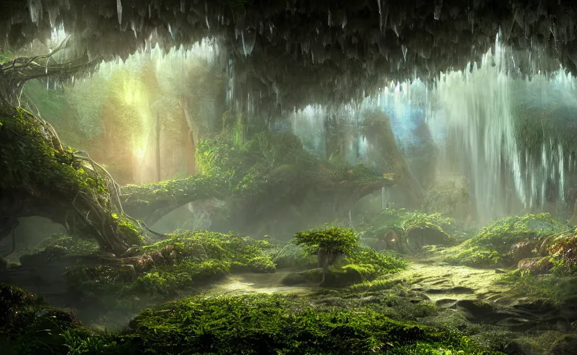 Image similar to a beautiful and stunning digital render of a humongous crystal cave, dimly glowing mushrooms, vines, haze, waterfall, volumetric lighting, photorealistic, unreal engine 5, ultra detail, trending on artstation