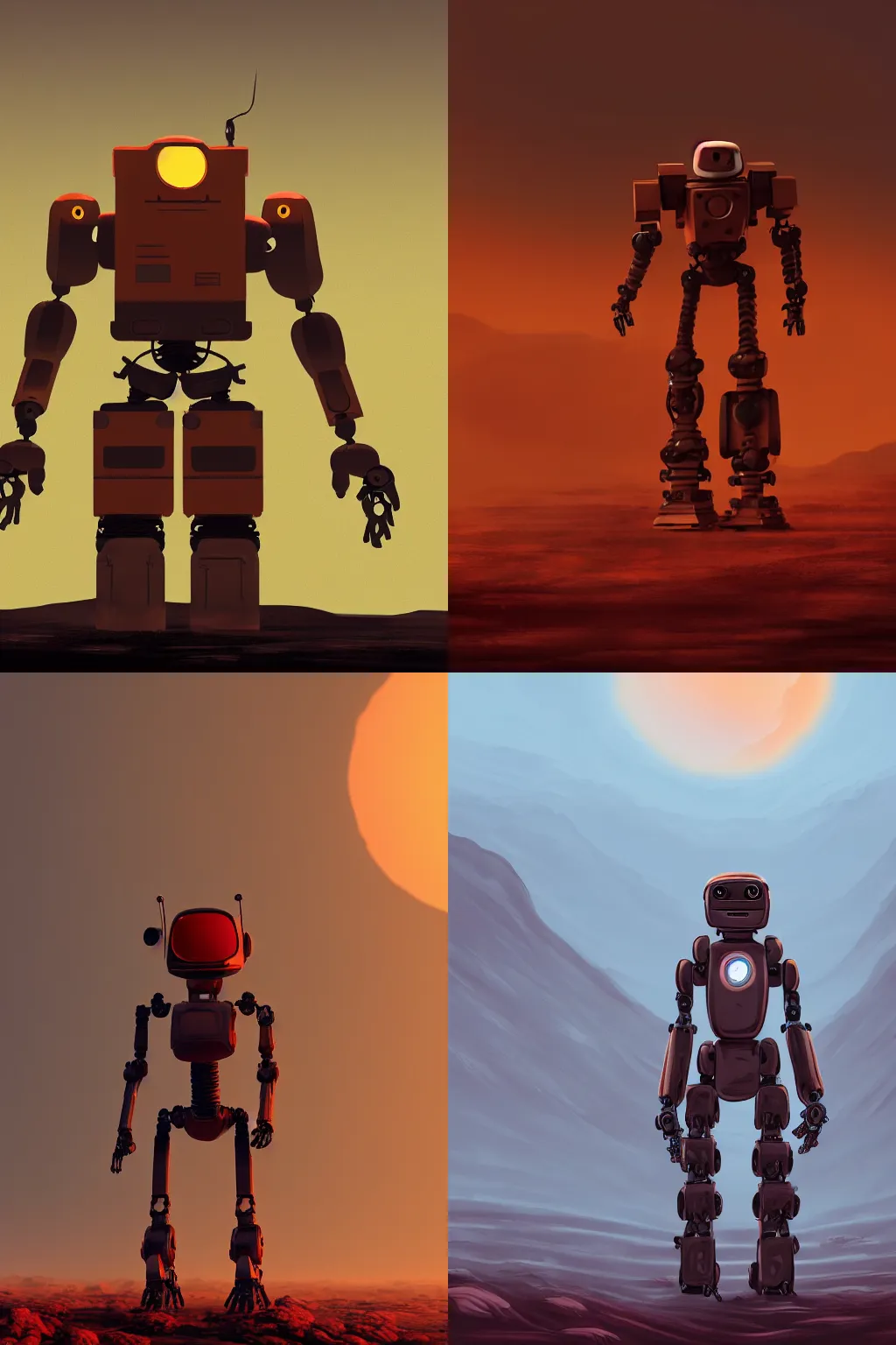 Prompt: a bipedal robot exploring a smokey desolate, barren planet, warm color palette, 4k, high quality,