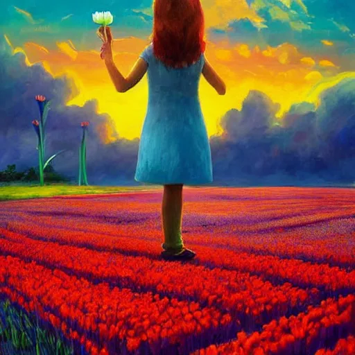 Image similar to girl with one single giant tulip as a head, surreal photography, flower field, sunset dramatic light, impressionist painting, colorful clouds, blue sky, digital painting, artstation, simon stalenhag