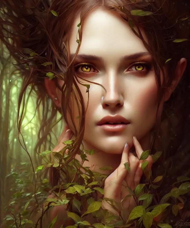 Image similar to Forest nymph woman portrait, amber eyes, face, long hair, fantasy, intricate, elegant, highly detailed, digital painting, artstation, concept art, smooth, sharp focus, illustration, art by artgerm and greg rutkowski and alphonse mucha