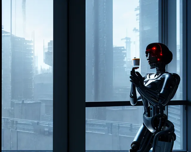 Prompt: a terminator cyborg lady with borg implants and optical fibers is drinking coffee near a window with dystopian city visible outside. very detailed 8 k. cyberpunk style. unreal engine render. global illumination. nanite. rtx. path tracing.