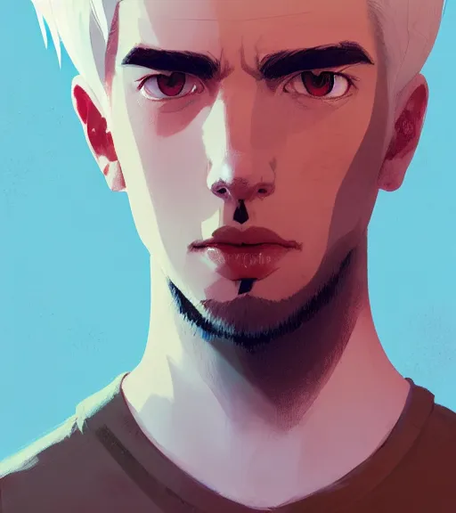 Image similar to portrait of a young man, raised on the island, white hair, face tatooes by atey ghailan, by greg rutkowski, by greg tocchini, by james gilleard, by joe fenton, by kaethe butcher, dynamic lighting, gradient light blue, brown, blonde cream and white color scheme, grunge aesthetic