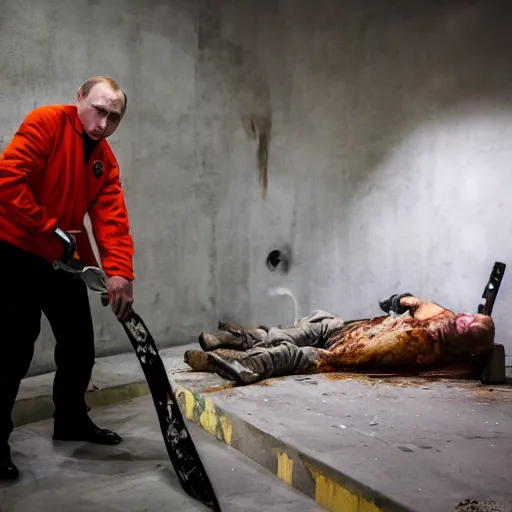 Image similar to putin with a chainsaw and a corpse. in a concrete bunker. focus on putins face with blood splatters. canon eos r 3, f / 1. 4, iso 1 6 0 0, 1 / 8 0 s, 8 k, raw, grainy