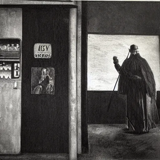 Prompt: a black monster in a gas station, vintage photography of a painting by segantini