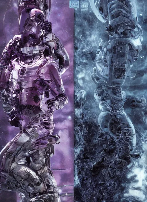 Image similar to astronauts in dark and empty void underwater - complex and hyperdetailed technical suit. reflection and dispersion materials. rays and dispersion of light. volumetric light. 5 0 mm, f / 3 2. noise film photo. flash photography. ultra realistic, wide angle. poster by wayne barlowe, hajime sorayama aaron horkey, craig mullins