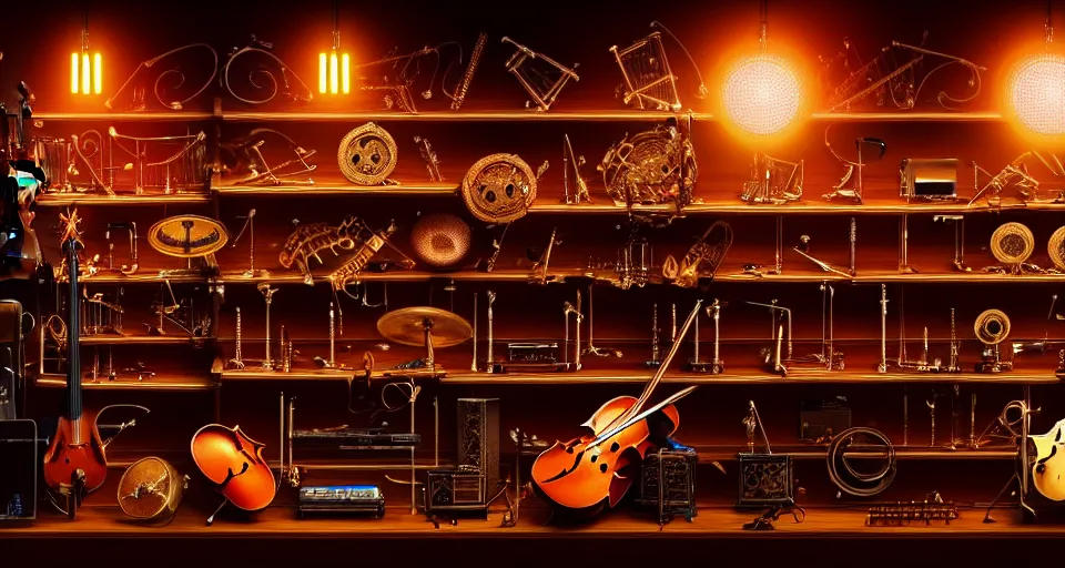 Prompt: a shelf of amazing magical musical instruments, cinematic lighting, detailed, beautiful colors, ornate 4 k