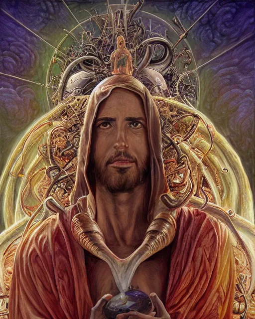 Image similar to jesus christ in a supermarket, by antonio j. manzanedo, giger, alex grey, android jones, wayne barlowe, philippe druillet, raymond swanland, cyril rolando, josephine wall, harumi hironaka, trending on artstation