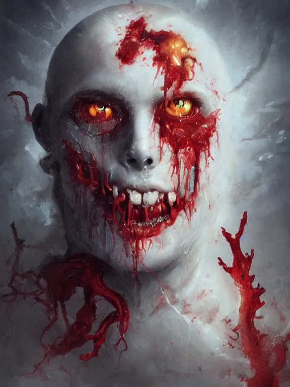 Image similar to painting by greg rutkowski of a flying sorrowful looking human head with tears running down it's eyes, face that is chalk white in color, with long sprawling white tentacles stemming down it's neck, fiery scorching red eyes, flying in a terrying hellish dark cavernous place