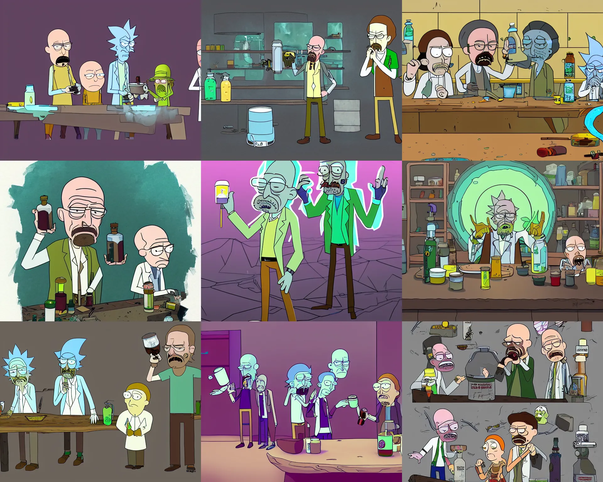 Image similar to walter white is brewing potions with rick and morty, highly detailed, digital art, trending on artstation