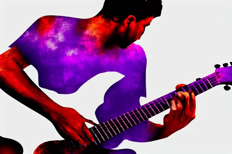 Prompt: dripping purple faded paint across the shape of a male human playing guitar, realistic, high detail, on a white background