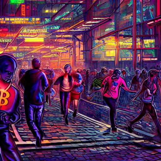 Image similar to crowd running of bitcoin, cyberpunk art, hyper-realistic, 4k