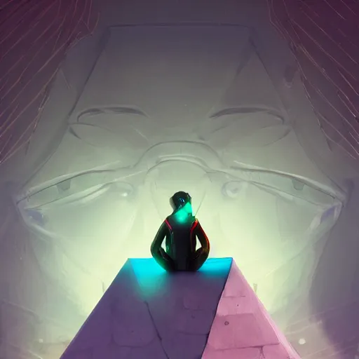 Image similar to a cyberpunk explorer meditating next to a floating triangular glowing monolith with one eye, highly detailed, midnight, by ghostshrimp