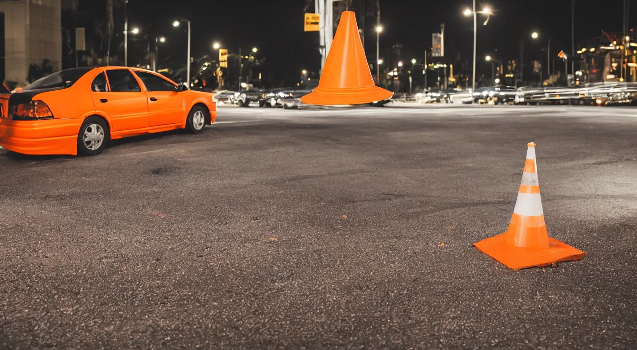 Image similar to Action shot of an orange construction traffic cone smashing the windshield of a single 1993 brown nissan maxima, photo realistic, night, photo realistic, depth of field, award winning, cinematic, color graded