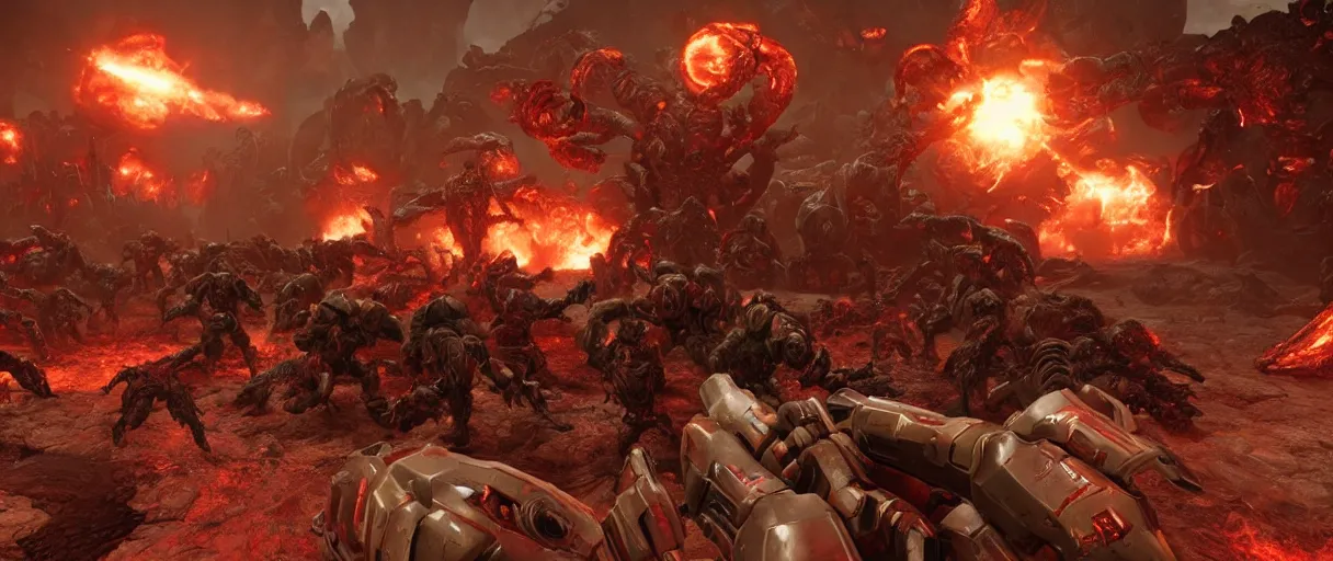 Image similar to doom slayer defeating hordes of demons and creatures on Urdak, wide shot, high detail, photorealistic, “doom eternal”, unreal engine