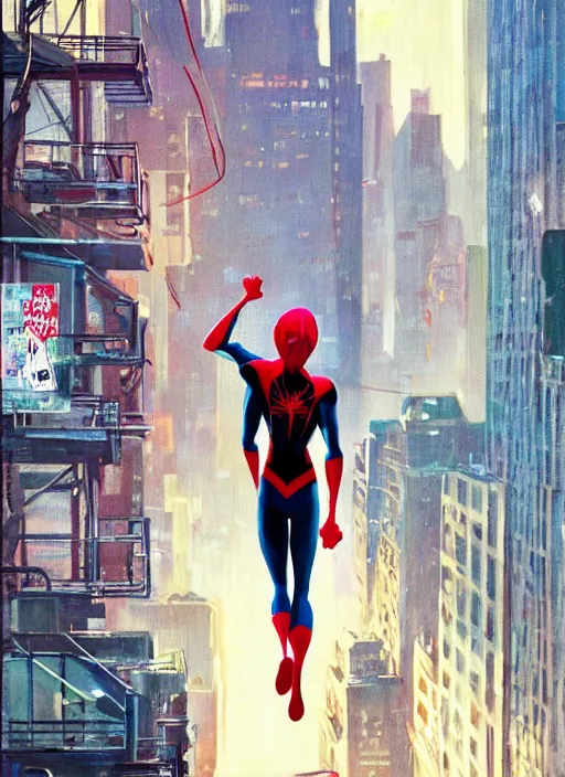 Image similar to spider - man into the spider - verse ( 2 0 1 8 ) anime key visual concept art of spider gwen standing on a balcony in new york city, golden rays, by ashley wood, yoji shinkawa, alberto mielgo, 6 0's french movie poster, french impressionism, vivid colors, palette knife and brush strokes, fish eye lens