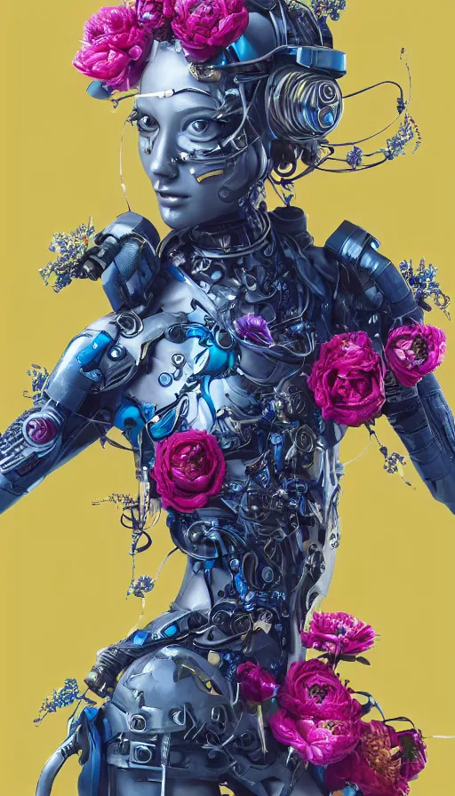 Prompt: full body head to toe portrait of a flowerpunk sci-fi cyborg ninja, third person, D&D, sci-fi fantasy, intricate, blue and gold, daisy and rose and peony, highly detailed, art by Range Murata, highly detailed, 3d, octane render, bright colors, digital painting, trending on artstation, sharp focus, illustration style of Stanley Artgerm, dramatic background