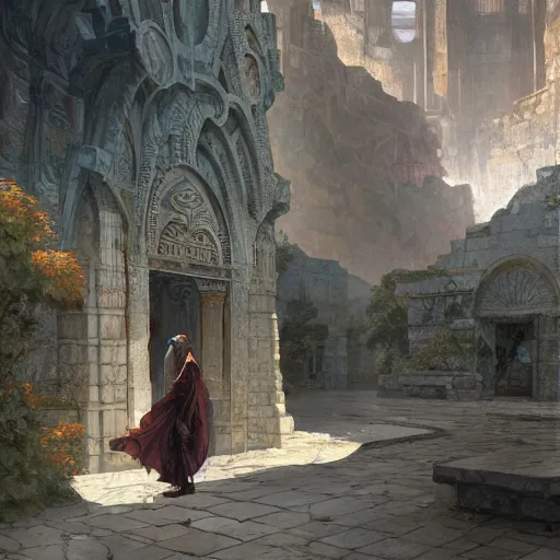 Prompt: A wide open courtyard in a beautiful dwarven city made of marble, underground cave, stone roof, lustrous minerals, a fantasy digital painting, artstation, concept art, sharp focus, illustration, art by greg rutkowski and alphonse mucha
