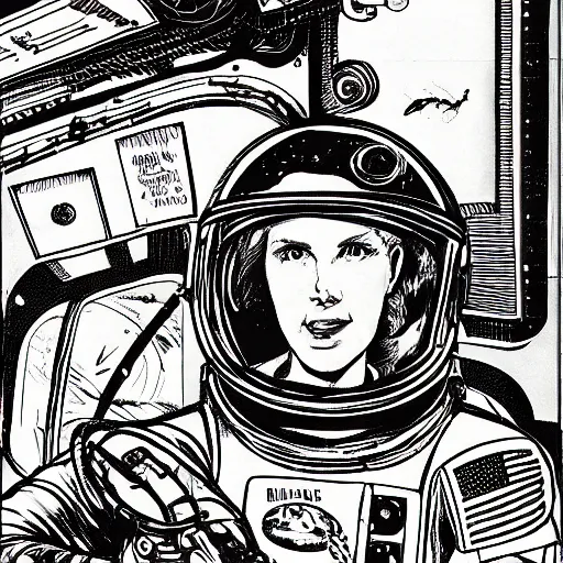 Prompt: illustration of butch tomboy stoic emotionless square - jawed heroic blonde woman astronaut, space helmet, piloting tiny spacecraft through wormhole, pen and ink, ron cobb, mike mignogna, comic book, black and white, science fiction, punk, grunge, used future, illustration, comic book cover, - ar 1 6 : 9