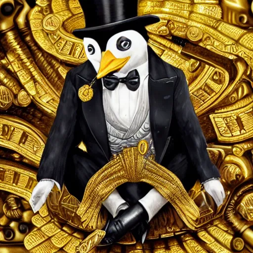 Image similar to anthropomorphized rich penguin capitalist sitting on pile of gold, wearing fancy top hat, concept art, insanely detailed and intricate, hypermaximalist, elegant, ornate, hyper realistic, super detailed, art deco, cinematic, trending on artstation, magic the gathering artwork