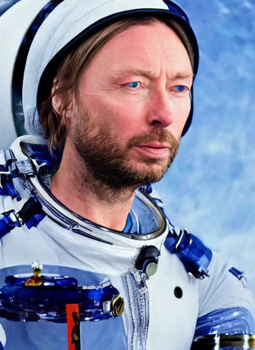 Image similar to calm thom yorke singer songwriter frontman, in spacesuit filling up with water, ultrafine detail, hyper realistic face, beautiful blue eyes, black spherical pupils, eyes reflecting into eyes reflecting into infinity, eyes reflecting into eyes reflecting into infinity