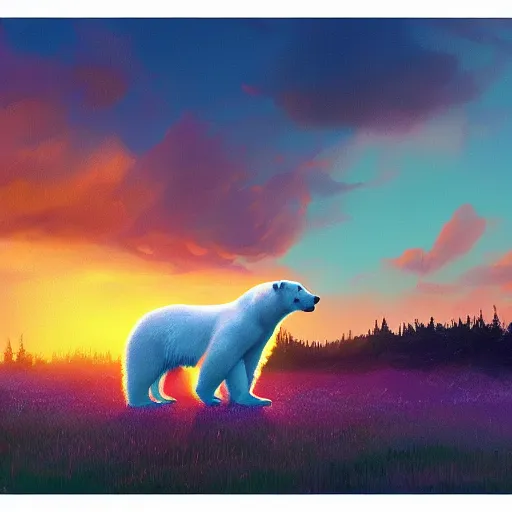 Image similar to a polar bear, surreal photography, flower field, sunset dramatic light, impressionist painting, colorful clouds, blue sky, digital painting, artstation, simon stalenhag