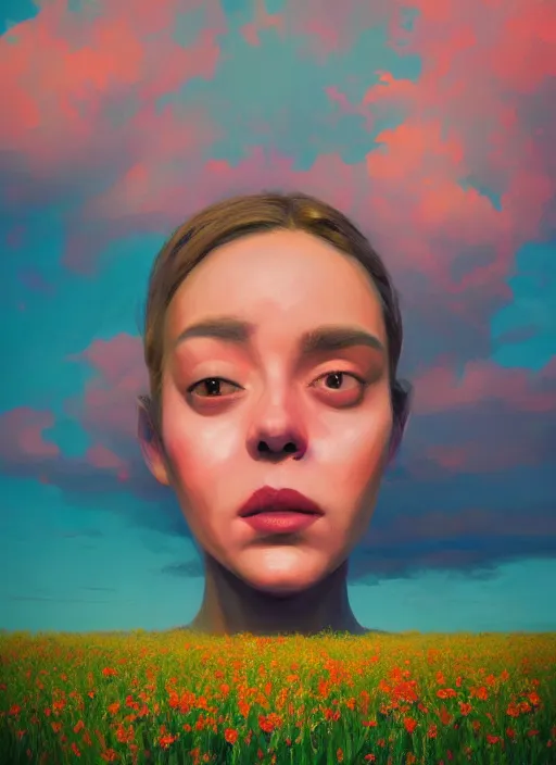 Prompt: portrait of a woman, face made of giant carnation, flower field, surreal photography, sunset dramatic light, impressionist painting, colorful clouds, large sky, digital painting, artstation, simon stalenhag