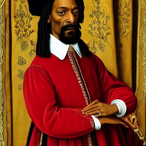 Image similar to a highly detailed portrait of snoop dogg, wearing elegant tudor clothes, inside a room with thick red tapestries, oil painting by hans holbein and alessandro allori and richard burbage