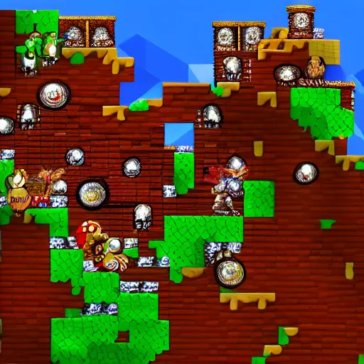 Image similar to Donkey Kong Country level depicting a beautiful mine with shiny crystals on the wall, floating barrels and minecarts. In-game screenshot