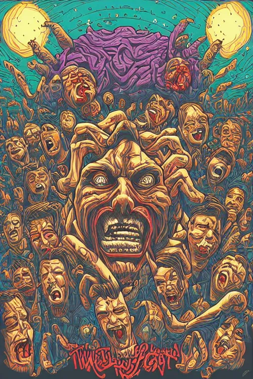 Image similar to twisting faces full of pain pleasure fear love joy and agony, by dan mumford