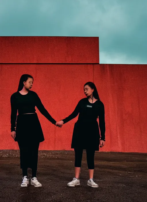 Image similar to cinestill 5 0 d photographic portrait of 2 women holding hands, wearing black techwear in front of a brutalist brushed metal building, closeup, on a desolate plain with a red sky, dystopia, cyberpunk, closeup, depth of field, 4 k, 8 k, hd, full color